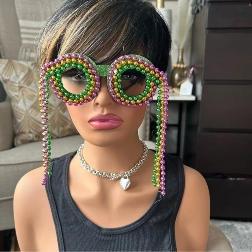 ✨GREEN GLITTER MASQUERADE Beaded glasses Mardi Gras multicolored